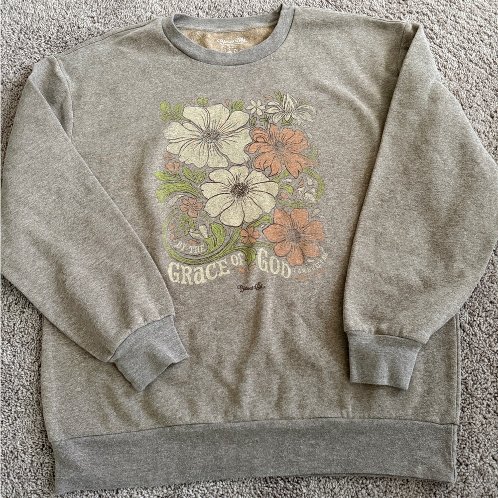 Blessed girl brown crew neck floral sweater by the GRACE OF GOD large